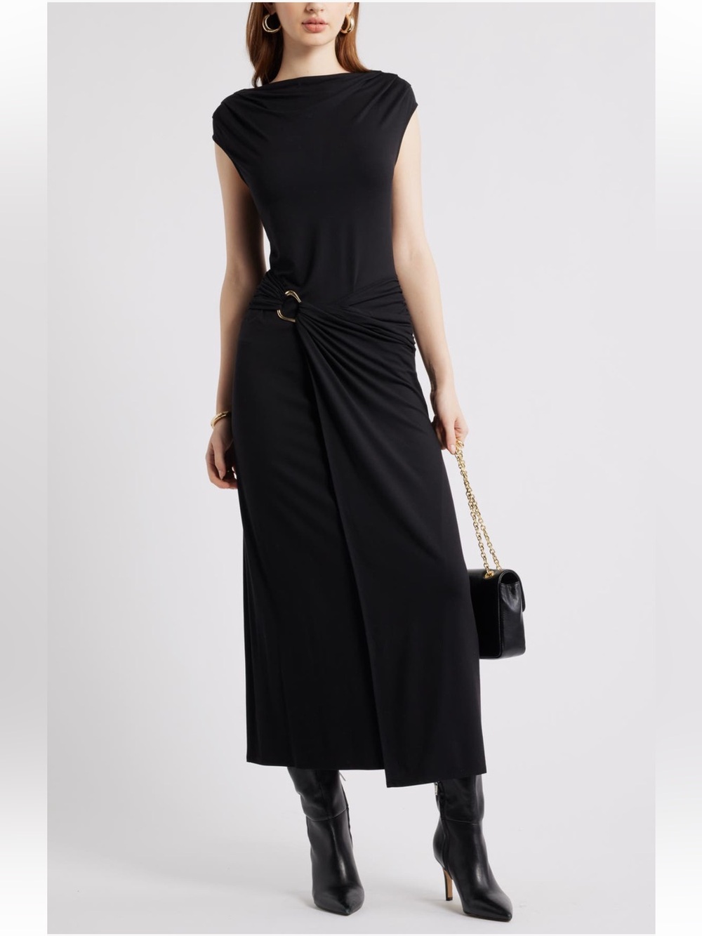 Nordstrom Belt Detail Side Ruched Dress Size Small Black
